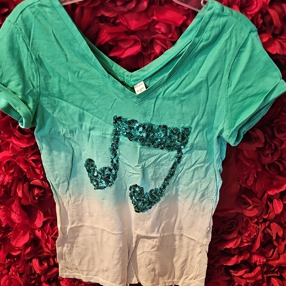 Old Navy Girls Teal / White Sequin Music Note Ombre Tshirt Size Xlarge (14)